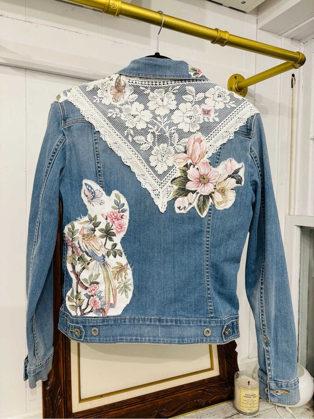 Upcycled Levi’s Denim Jean Jacket Lace Floral Appliqué Birds Butterflies Medium